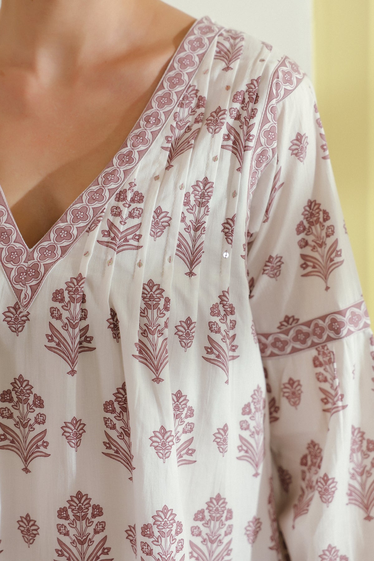 Purple Floral Printed V-Neck Pintucks Cotton Top