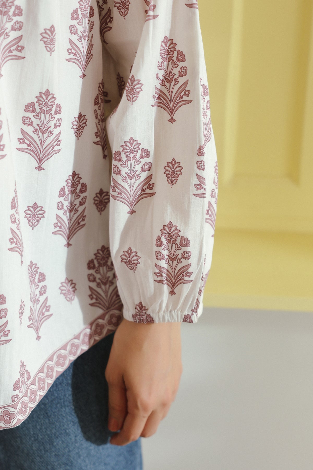 Purple Floral Printed V-Neck Pintucks Cotton Top