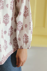 Purple Floral Printed V-Neck Pintucks Cotton Top