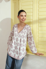 Purple Floral Printed V-Neck Pintucks Cotton Top