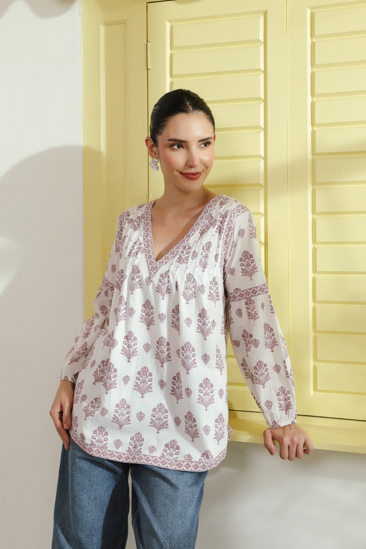 Purple Floral Printed V-Neck Pintucks Cotton Top