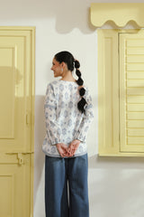 Blue Floral Printed Pintucks Cotton Top with Lining
