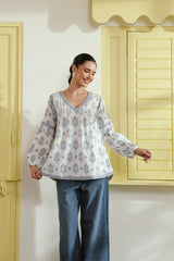 Blue Floral Printed Pintucks Cotton Top with Lining