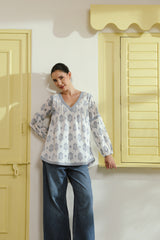 Blue Floral Printed Pintucks Cotton Top with Lining