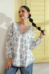 Blue Floral Printed Pintucks Cotton Top with Lining