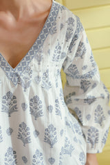 Blue Floral Printed Pintucks Cotton Top with Lining