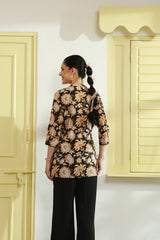 Black Floral Printed Pintucks Cotton Top