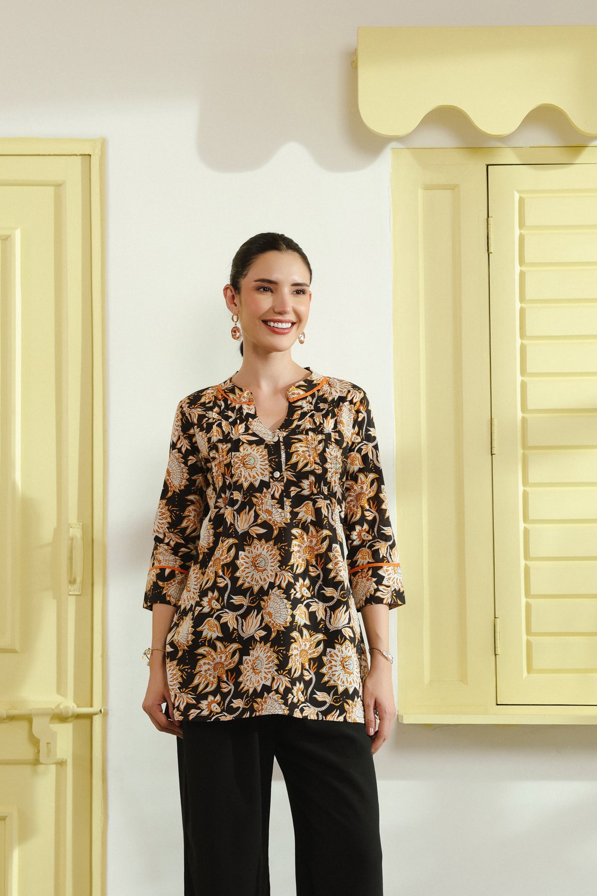Black Floral Printed Pintucks Cotton Top