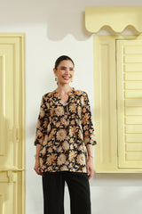 Black Floral Printed Pintucks Cotton Top