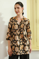 Black Floral Printed Pintucks Cotton Top