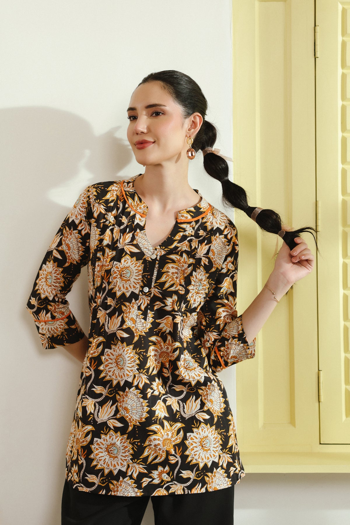 Black Floral Printed Pintucks Cotton Top