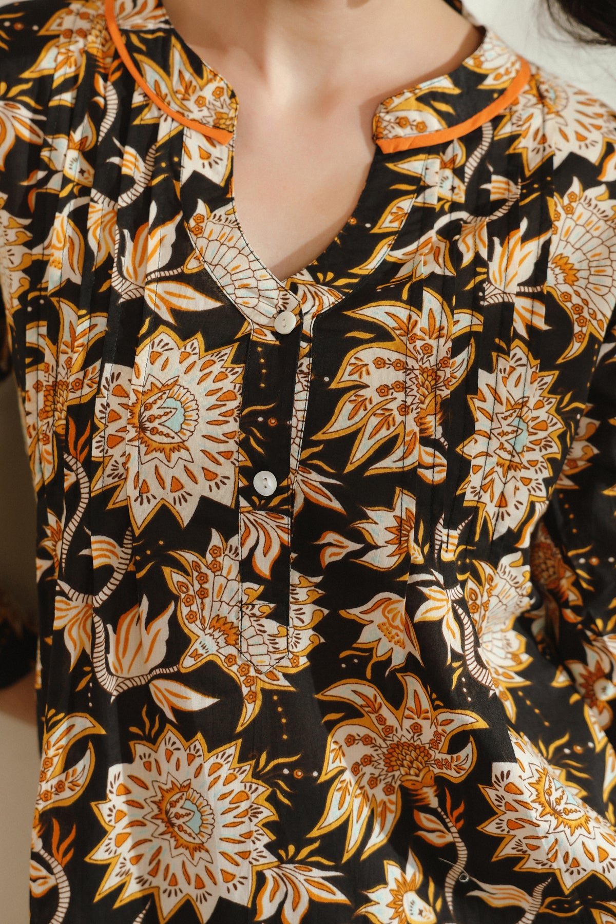 Black Floral Printed Pintucks Cotton Top