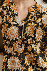 Black Floral Printed Pintucks Cotton Top