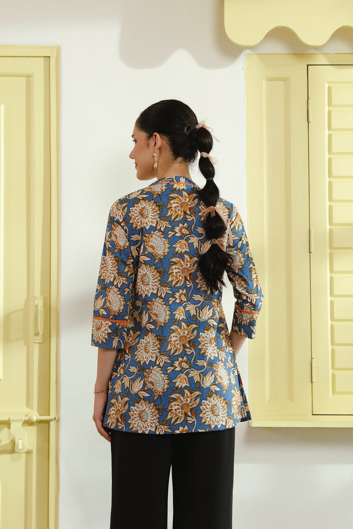 Blue Floral Printed Pintucks Cotton Top