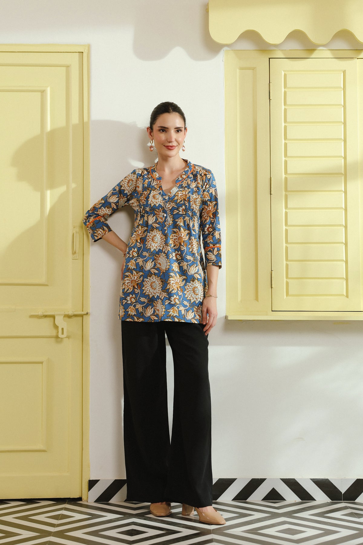 Blue Floral Printed Pintucks Cotton Top