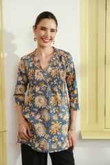 Blue Floral Printed Pintucks Cotton Top