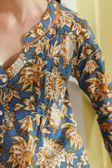 Blue Floral Printed Pintucks Cotton Top