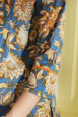 Blue Floral Printed Pintucks Cotton Top