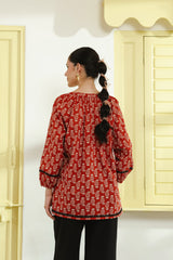Red Ethnic Printed V-Neck Cotton Top with Lace Detailing