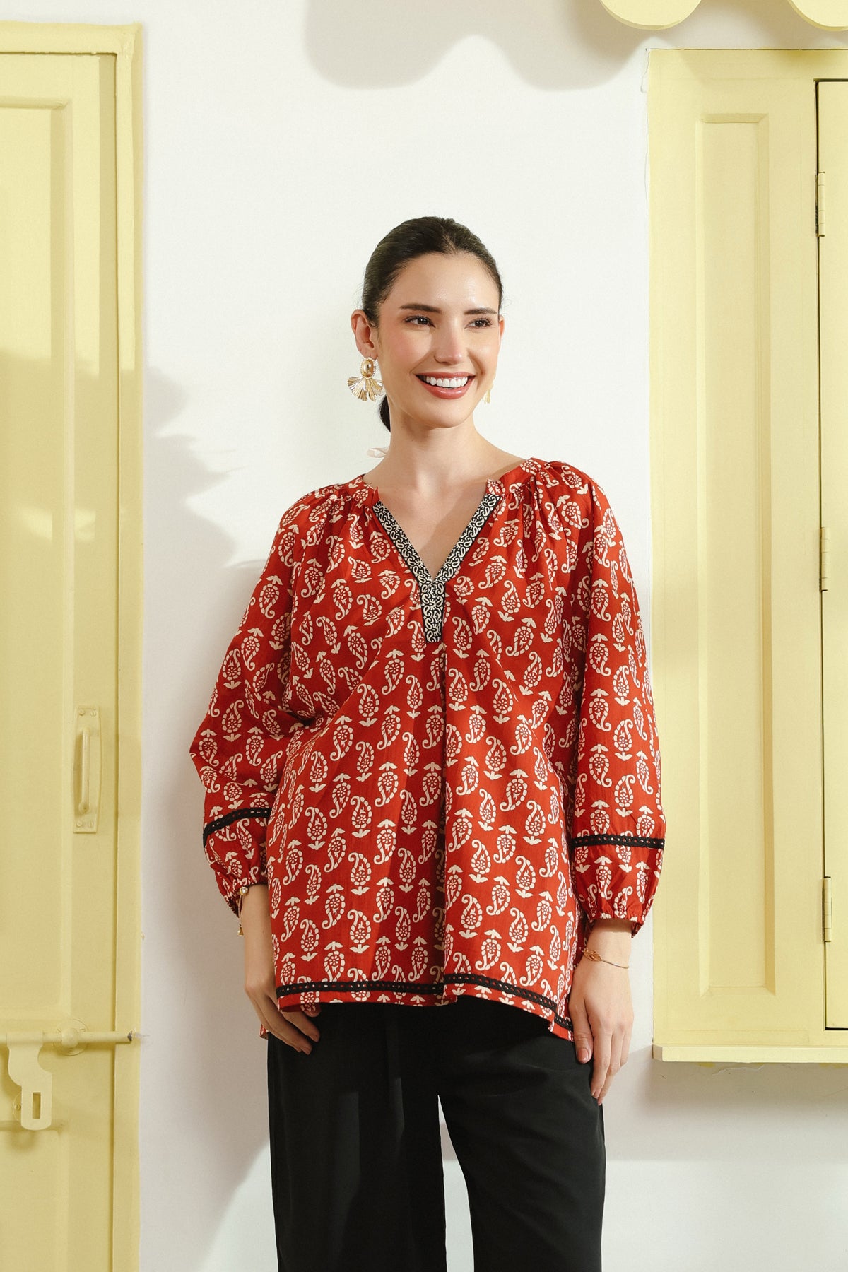 Red Ethnic Printed V-Neck Cotton Top with Lace Detailing