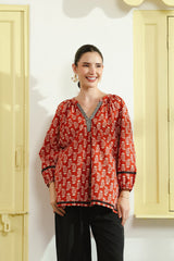 Red Ethnic Printed V-Neck Cotton Top with Lace Detailing