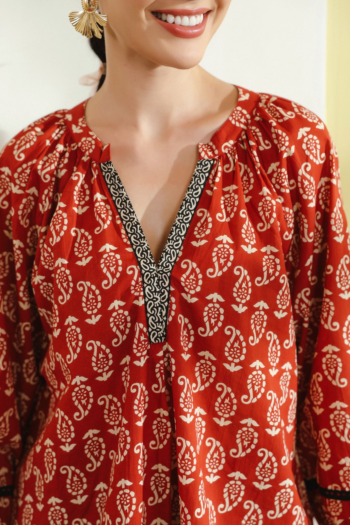 Red Ethnic Printed V-Neck Cotton Top with Lace Detailing