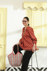 Red Ethnic Printed V-Neck Cotton Top with Lace Detailing