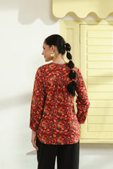 Red Floral Printed Cotton Top with Handwork Details