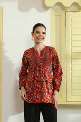 Red Floral Printed Cotton Top with Handwork Details