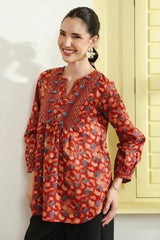 Red Floral Printed Cotton Top with Handwork Details
