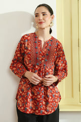 Red Floral Printed Cotton Top with Handwork Details