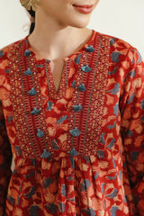 Red Floral Printed Cotton Top with Handwork Details