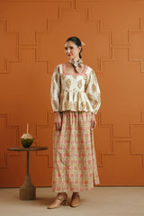Cream Floral Printed Cotton Top & Skirt Set