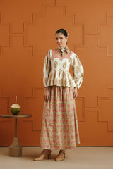 Cream Floral Printed Cotton Top & Skirt Set