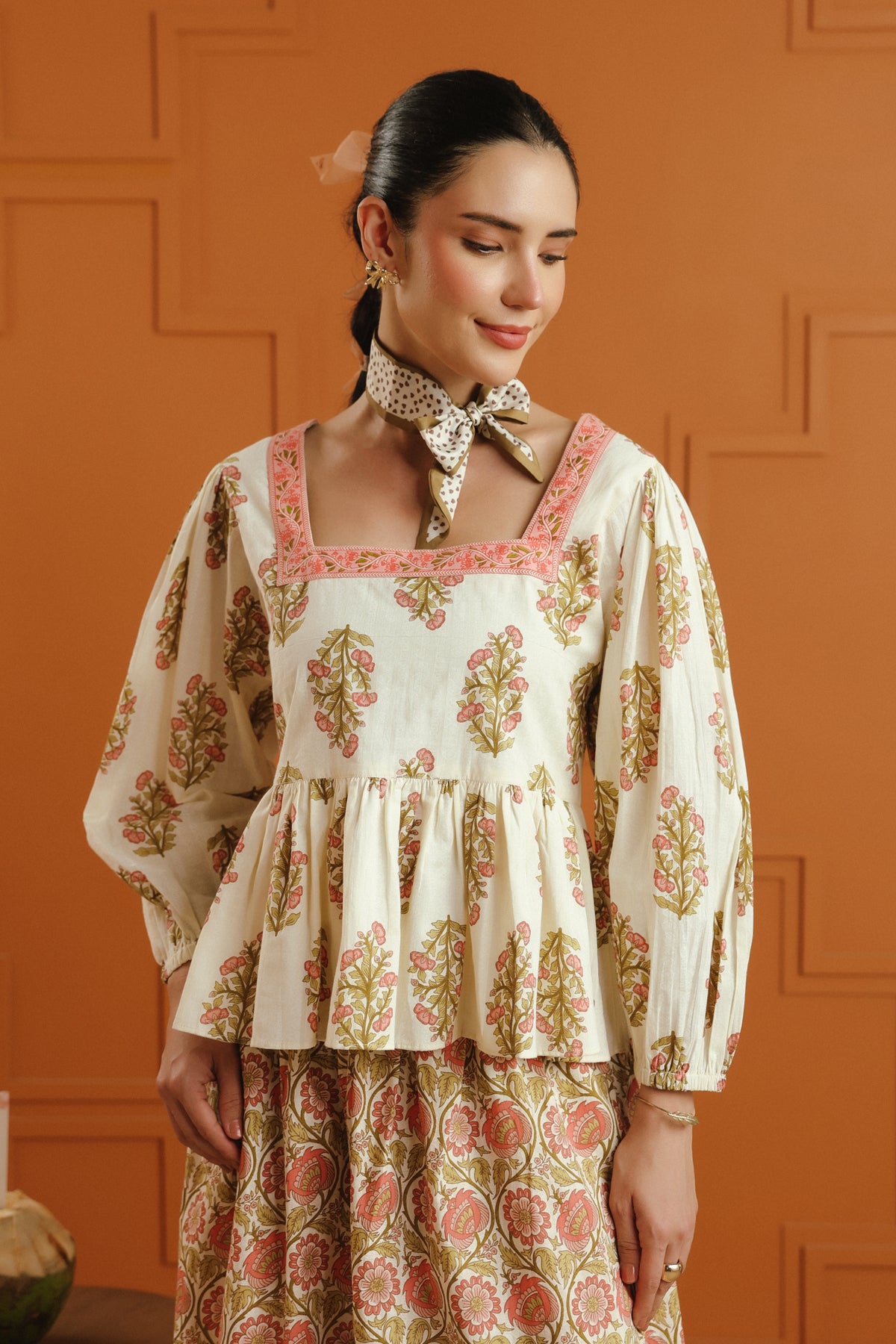 Cream Floral Printed Cotton Top & Skirt Set