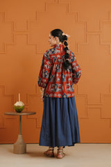 (Pre-Order) Rust & Blue Ethnic Printed Cotton Shirt & Skirt Set
