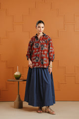 (Pre-Order) Rust & Blue Ethnic Printed Cotton Shirt & Skirt Set