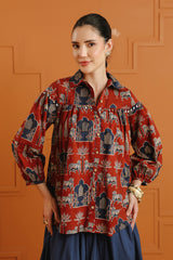 (Pre-Order) Maroon Ethnic Cotton Shirt With Embellished Yoke