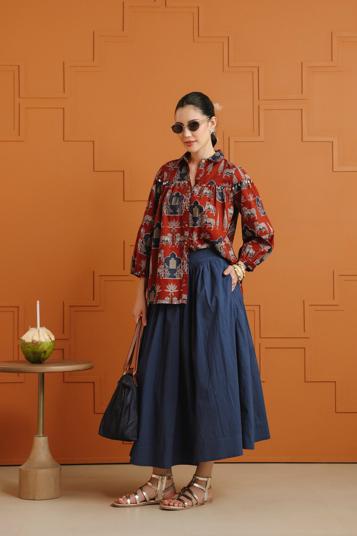 (Pre-Order) Rust & Blue Ethnic Printed Cotton Shirt & Skirt Set