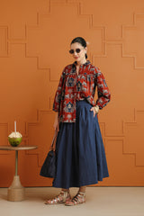 (Pre-Order) Rust & Blue Ethnic Printed Cotton Shirt & Skirt Set