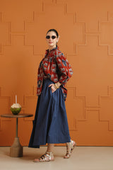 (Pre-Order) Rust & Blue Ethnic Printed Cotton Shirt & Skirt Set