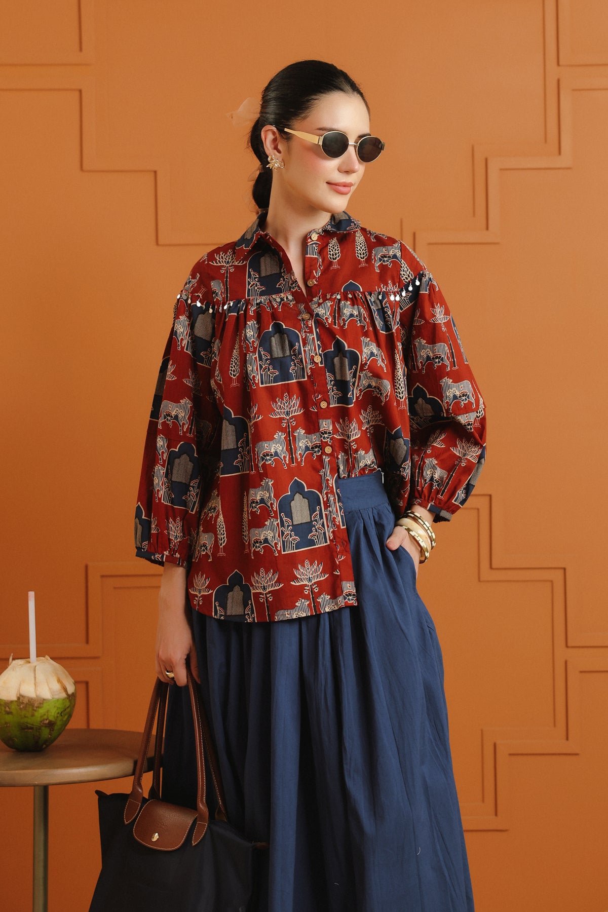 (Pre-Order) Maroon Ethnic Cotton Shirt With Embellished Yoke