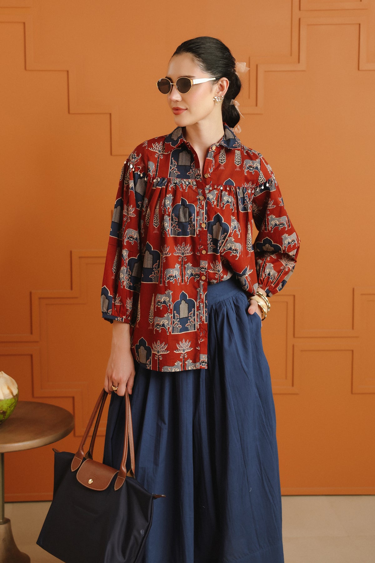 (Pre-Order) Rust & Blue Ethnic Printed Cotton Shirt & Skirt Set