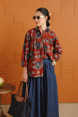 (Pre-Order) Rust & Blue Ethnic Printed Cotton Shirt & Skirt Set