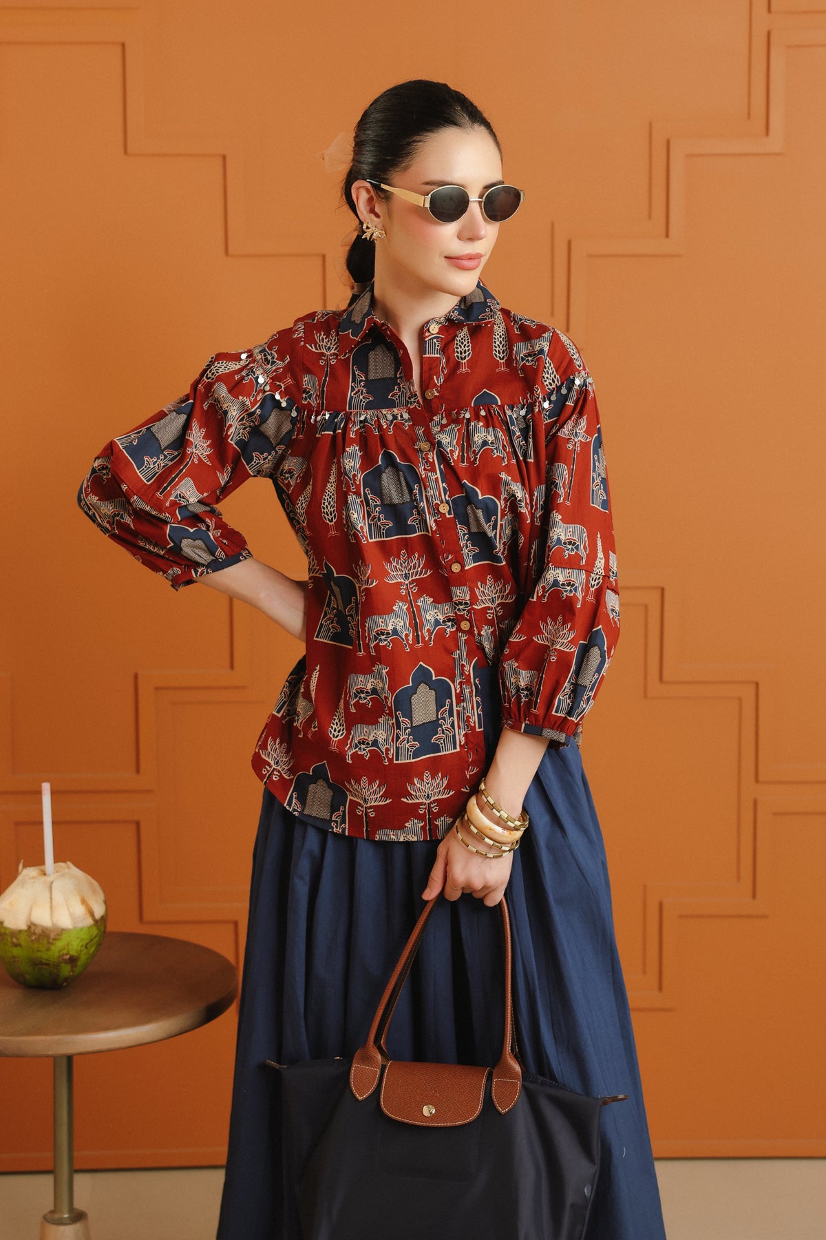 (Pre-Order) Maroon Ethnic Cotton Shirt With Embellished Yoke