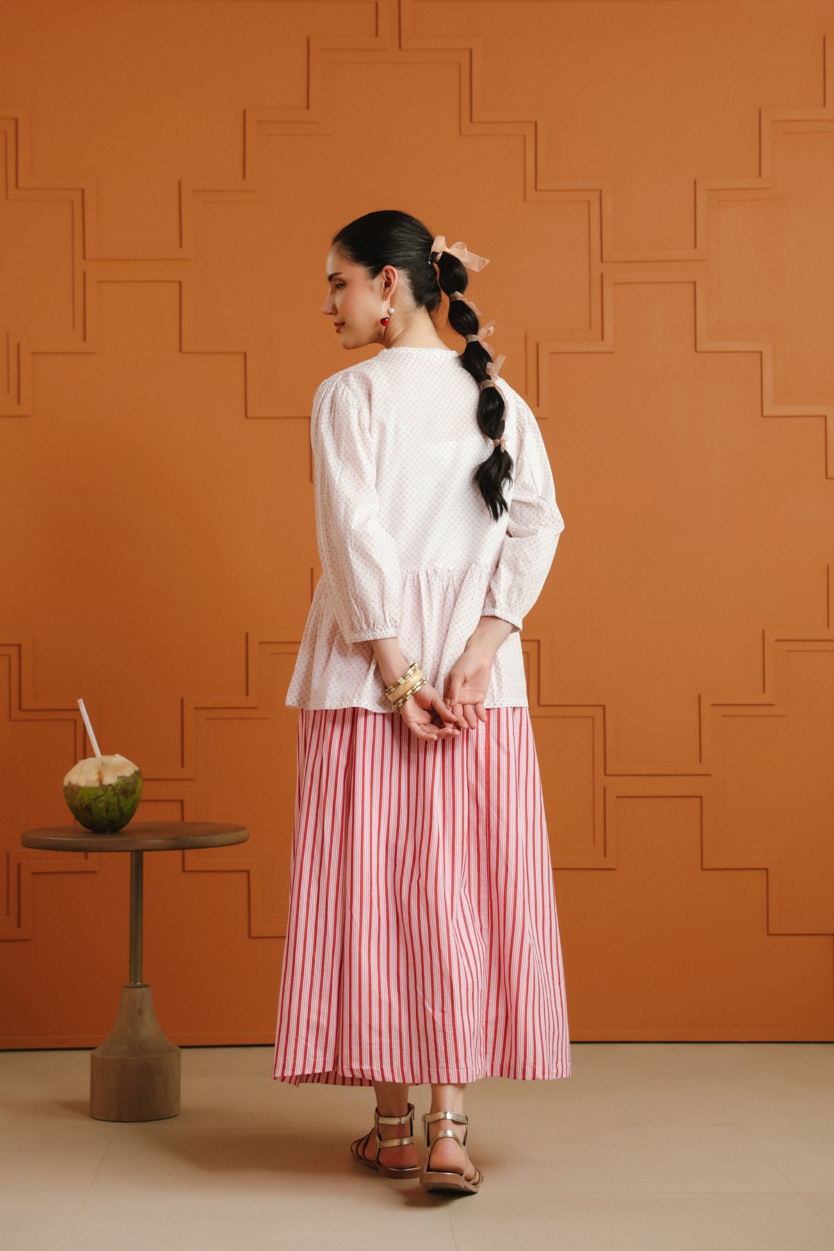 White Printed Tie-Up Cotton Top & Striped Skirt Set