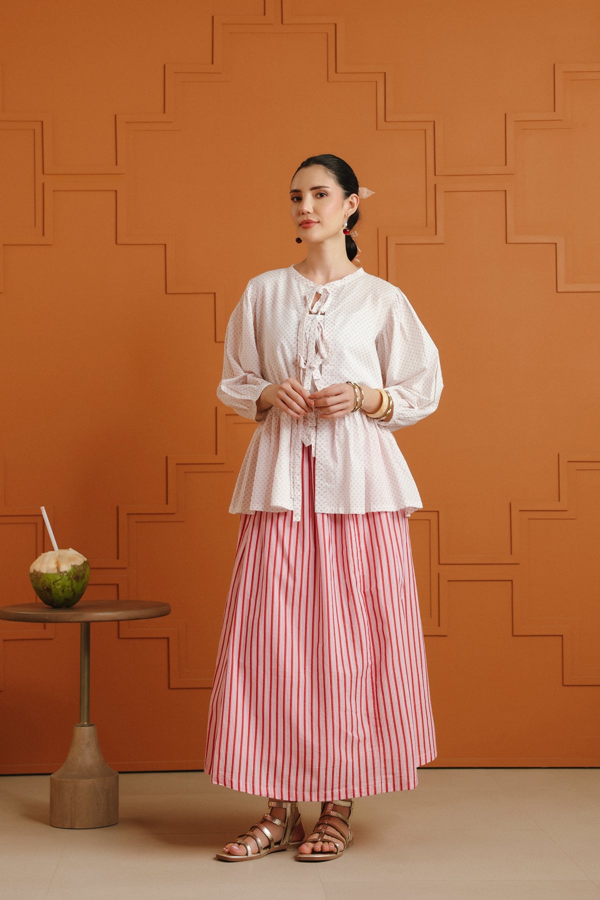 White Printed Tie-Up Cotton Top & Striped Skirt Set