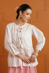 White Printed Tie-Up Cotton Top & Striped Skirt Set
