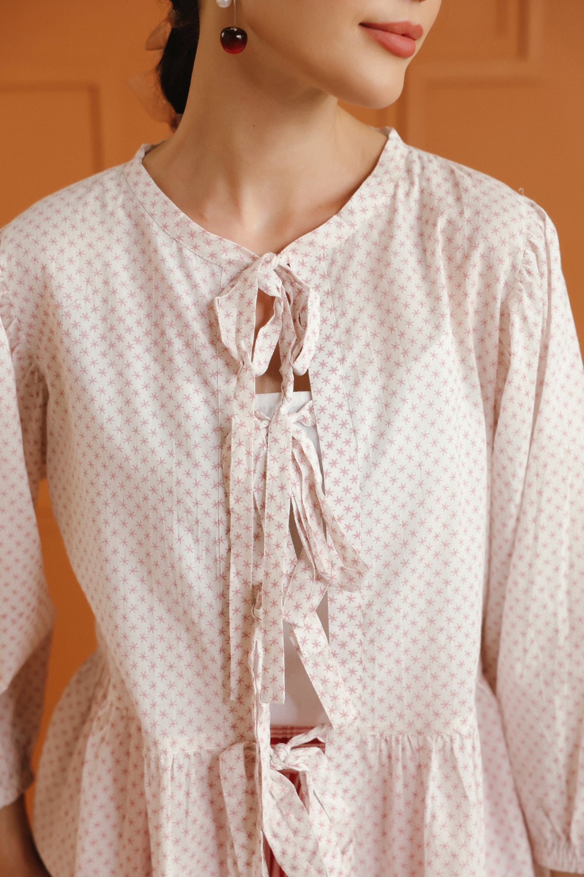 White Printed Tie-Up Cotton Top & Striped Skirt Set