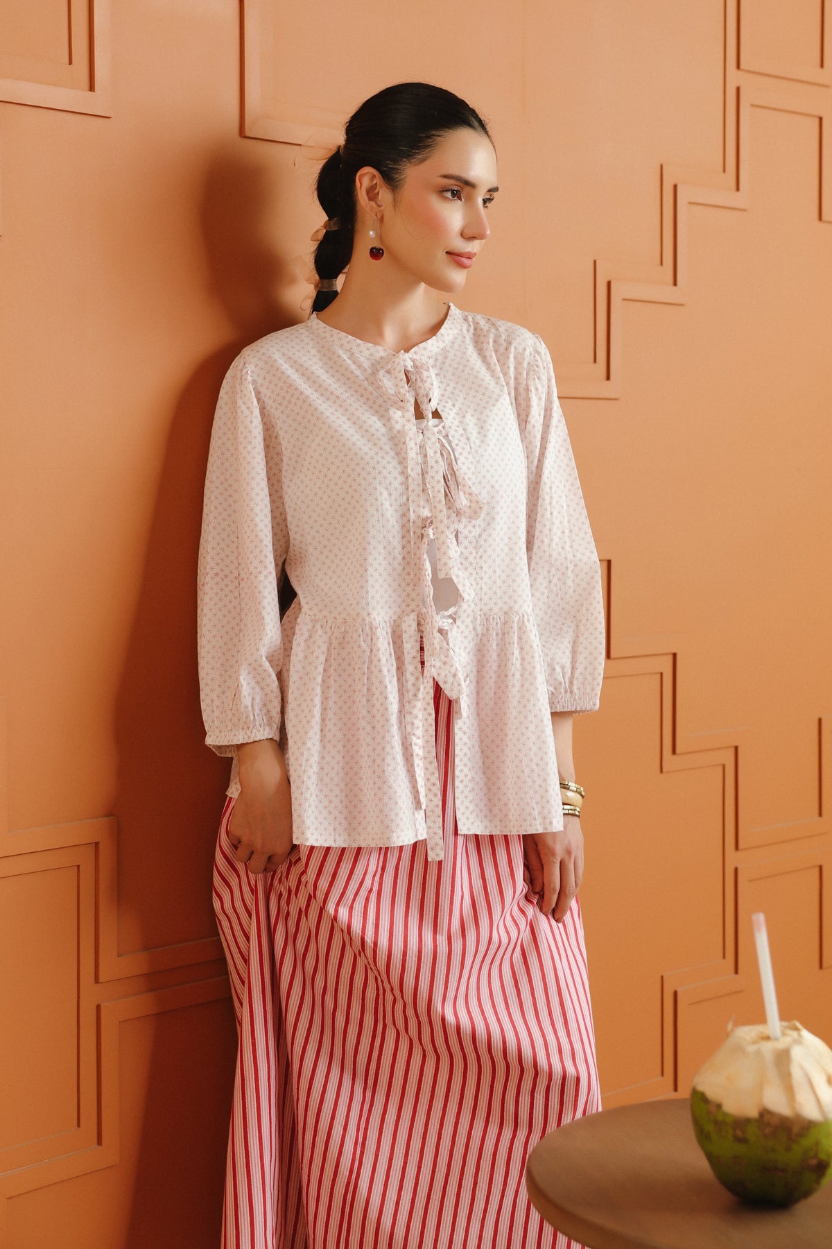 White Printed Tie-Up Cotton Top & Striped Skirt Set